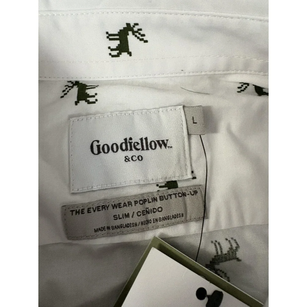 Goodfellow & Co Shirt Mens Large White Every Wear Poplin Slim Fit Deer Print‎